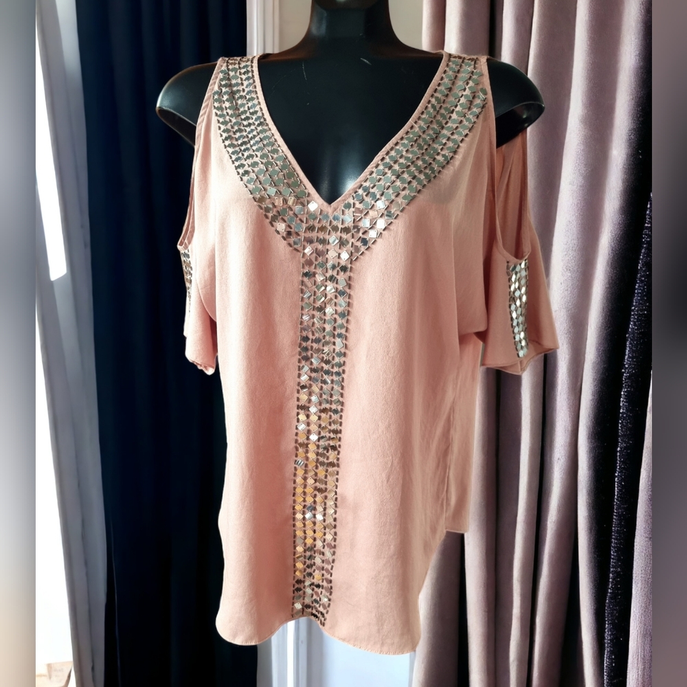 Moda International Beaded Embellished Cold Shoulder Salmon Lightweight Blouse